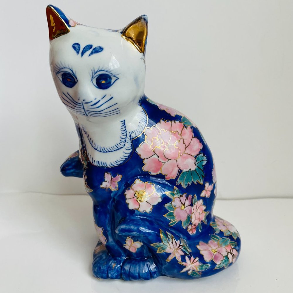 Vintage Hand Painted Porcelain Decorative Blue Sitting Cat Figurine 8” - Picture 5 of 12